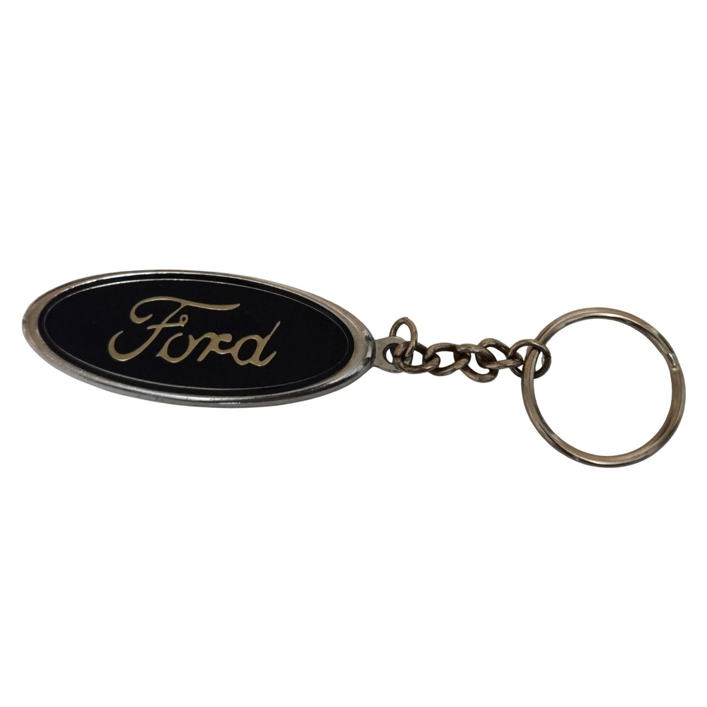 Ford Racing Oval Logo Keychain‎ Black Enamel Silver Tone Metal